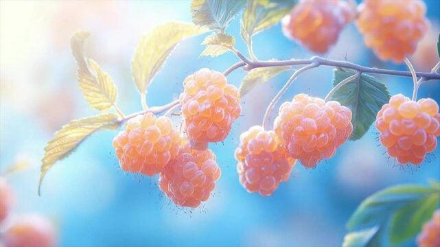 Sunlit orange raspberries on a branch