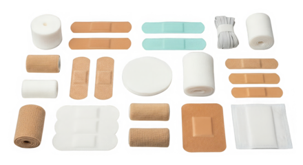 An arrangement shows various bandages and wound care supplies creating a healthcare themed pattern.