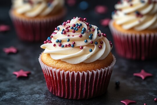 Delicious Vanilla Cupcakes with Red White and Blue Sprinkles