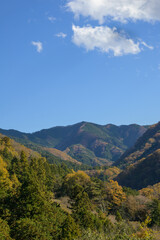 秋の青空と山々