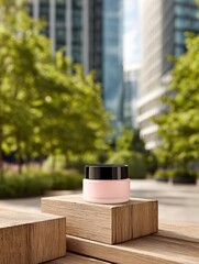 Pink cosmetic jar mockup on wooden podium in front of blurred city park, showcasing organic beauty products