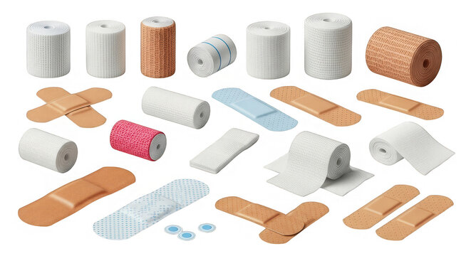 Assortment of bandages and medical adhesive rolls arranged for first aid preparedness visuals.