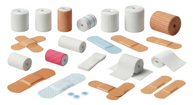 Assortment of bandages and medical adhesive rolls arranged for first aid preparedness visuals.