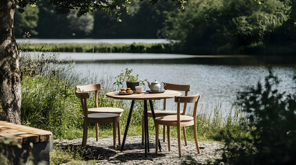 Obraz premium Tranquil lakeside scene: Rustic table set for tea amidst natural beauty