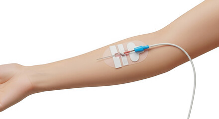 Close-up of an arm with a cannula inserted for intravenous therapy in a clinical setting shown.