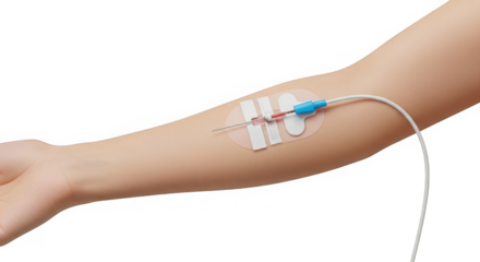 Close-up of an arm with a cannula inserted for intravenous therapy in a clinical setting shown.