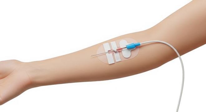 Close-up of an arm with a cannula inserted for intravenous therapy in a clinical setting shown.