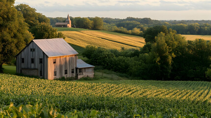 Tranquil landscape with old barn, church and cultivated fields in rural area