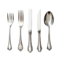 Silverware Elegance: Exquisite array of polished silverware utensils, artfully arranged, evoking a sense of refined dining and culinary artistry. 
