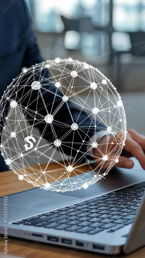 Poster hands interact with a laptop while visual network connections highlight digital engagement in a cont