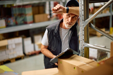 Exhausted warehouse foreman in storage room looking away.