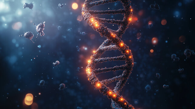 Glowing DNA strand forms a universal equation with floating life forms, symbolizing the unity of biological theory