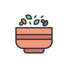 Stylized Bowl Filled With Mushrooms And Green Leaves For Culinary Use