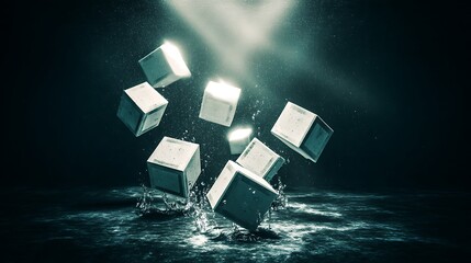 Floating cubes creating splash and light