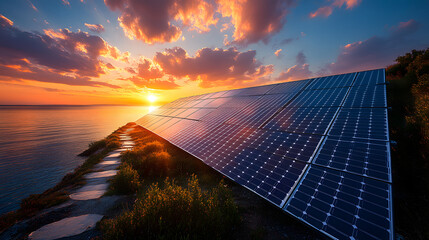 Solar panels on a roof at sunset capture the warm light of the evening sky in a serene landscape