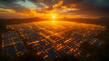 An evening aerial panorama of the city skyline at dusk, with the lights of urban architecture glowing under a cloudy sky