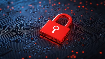 A red padlock on a digital circuit board symbolizes cybersecurity and data protection.