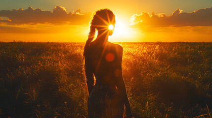 A beautiful woman's silhouette stands against the orange evening sky, a summer sunrise over the ocean