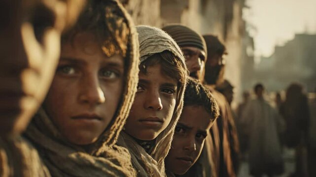 ancient Israeli kids in shabbily clothes at city street looking at camera