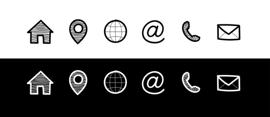Doodle phone, email, website, location icon set. Hand drawn website icons for mobile and computer. doodle location, doodle @ vector line illustration.