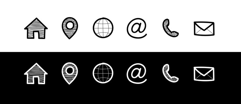 Doodle phone, email, website, location icon set. Hand drawn website icons for mobile and computer. doodle location, doodle @ vector line illustration.