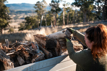 female famer Loading Firewood on a ute Preparing for Winter with Sustainable Home Heating. Hardworking Hands Gathering Wood for a Warm stacking wood pile in australia
