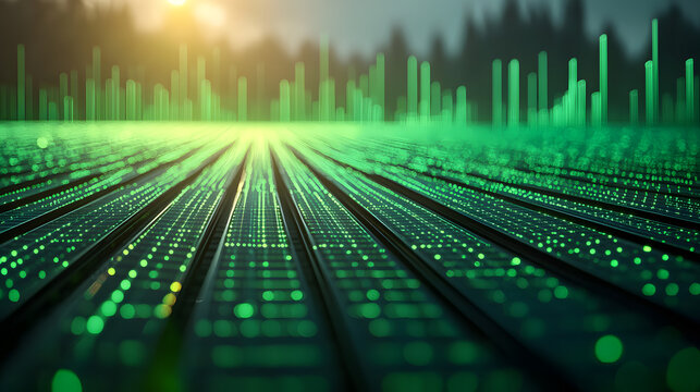 Abstract digital background of binary code and fiber optics with many light spots