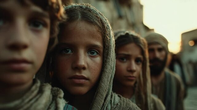 ancient Israeli kids in shabbily clothes at city street looking at camera