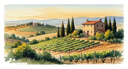 Tuscan Vineyard Sunset Rolling Hills, Stone House, and Vine Rows