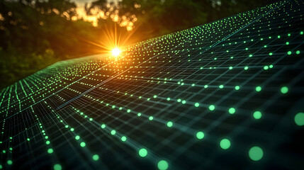 Abstract fiber optics technology background with glowing light spots and a digital wave pattern representing information movement in a dark, virtual space