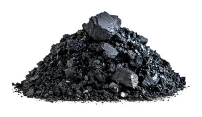 Excavating black coal pile industrial site urban environment close-up view isolated on transparent background