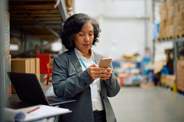 Fototapeta premium Mature businesswoman using smart phone while working at distribution warehouse.