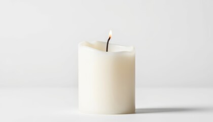 White candle burning on white background for bedtime relaxation  