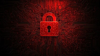 A glowing red padlock symbolizes cybersecurity and data protection on a dark digital circuit board background.