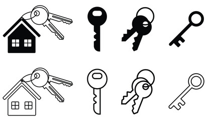 Door or house key to unlock lock collection. Vintage key antique door key isolated on white background. Safety, protection and security concept editable stroke outline icons set. Vector illustration.