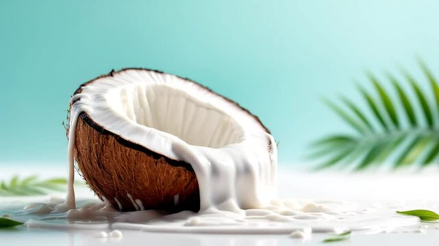 Super Slow Motion of Coconuts With Milk Splash. Filmed on High Speed Cinema Camera, 1000 fps. Isolated on Blue Background