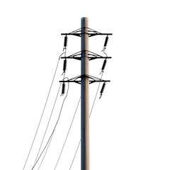 An eye-level shot of a utility pole, showcasing its robust structure and intricate wiring against a sky. The clean composition highlights its role in providing electricity.