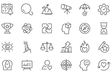 Fototapeta premium Core value thin line icon banner collection. Containing as leadership, guidance, integrity, responsibility, passion, collaboration and more. Core value soft skill performance outline line icon set. 