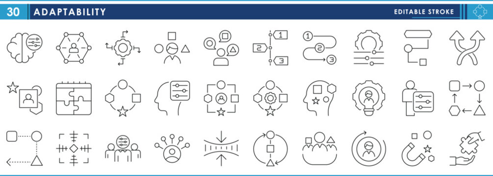 A set of line icons related to Adaptability. Adapt, direct, flexibility, puzzle, fit, and so on. Vector editable stroke.