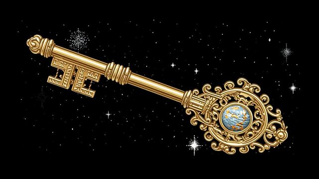Ornate golden key with gemstone and decorative details floating in starry night sky with magical sparkle

