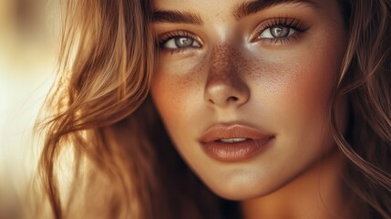 Close-Up Portrait of Freckled Young Woman with Warm Golden Light for Beauty Editorial