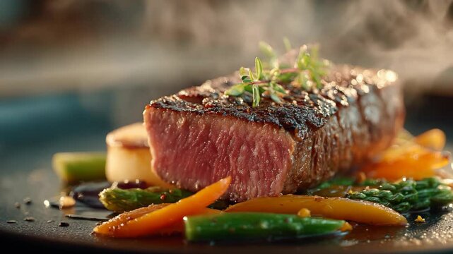 hot medium rare steak with steam 