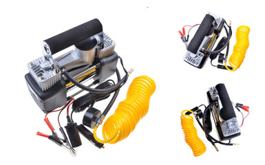 Portable, powerful and compact tire inflator with manometer on an isolated white background
