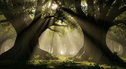 Sunbeams Streaming Through Ancient Forest Trees A Magical Woodland Scene
