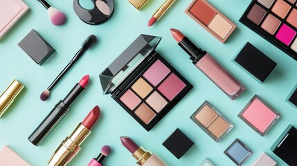 Makeup Cosmetics Flat Lay on Pink Background for Beauty & Cosmetic Design