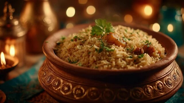 close up cooked spicy basmati rice in pot with bokeh light, traditional cook