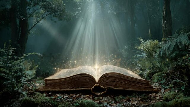 Magical open book glowing with golden light in enchanted forest with sunlight rays and mysterious atmosphere