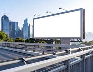 Blank billboard on bridge with city skyline backdrop under clear blue sky