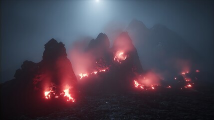 Volcanic eruption in a dark landscape