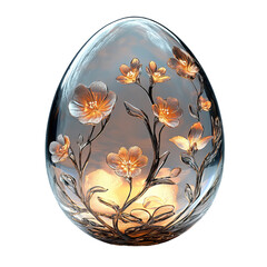 A unique and elegant decorative egg-shaped ornament, intricately designed with delicate floral patterns, casting a warm and inviting glow. Its translucent glass surface captures the light.
